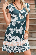 Floral Ruffle Sleeve Empire Waist Dark Green Mini Dress - IVORYNN