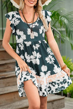Floral Ruffle Sleeve Empire Waist Dark Green Mini Dress - IVORYNN