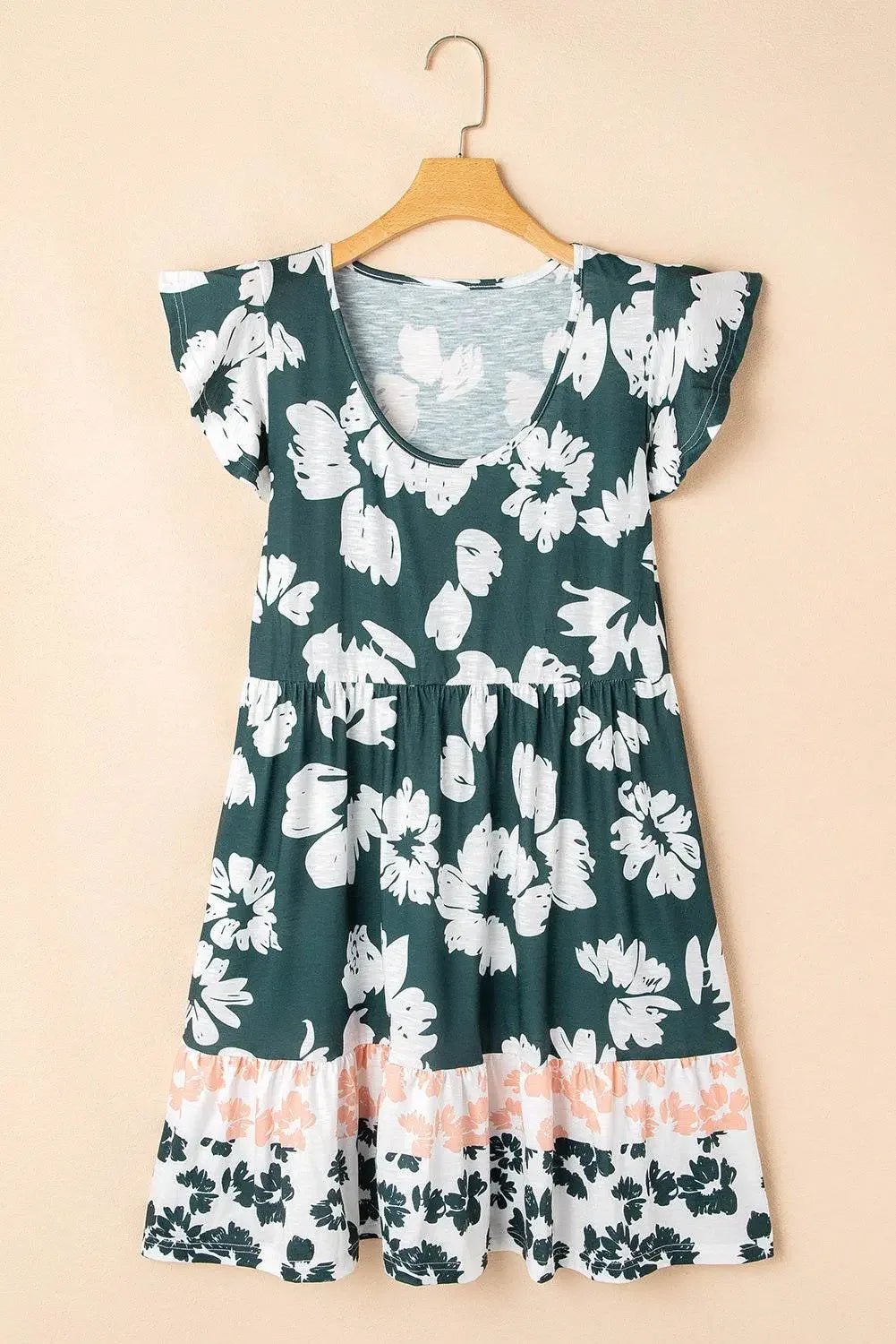 Floral Ruffle Sleeve Empire Waist Dark Green Mini Dress - IVORYNN