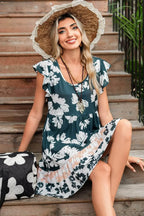 Floral Ruffle Sleeve Empire Waist Dark Green Mini Dress - IVORYNN