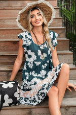 Floral Ruffle Sleeve Empire Waist Dark Green Mini Dress - IVORYNN
