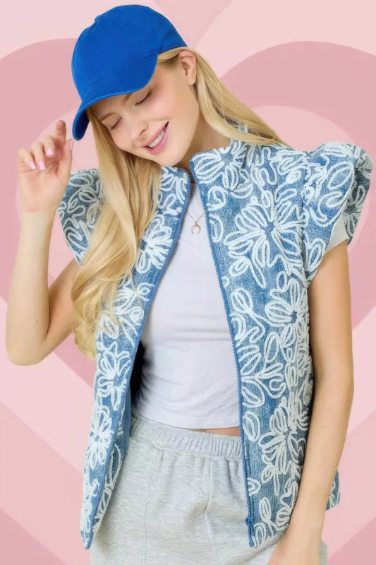 Floral Velvet Blue Embroidered Denim Puffer Vest