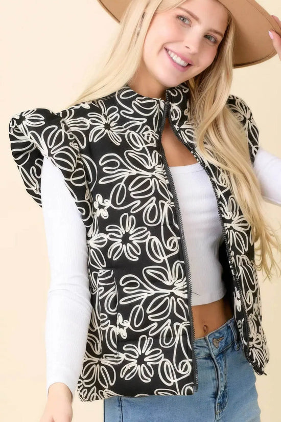 Floral Velvet Embroidered Denim Puffer Vest - IVORYNN