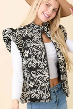 Floral Velvet Embroidered Denim Puffer Vest - IVORYNN