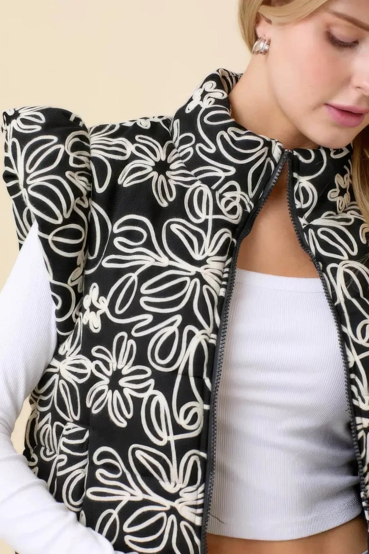 Floral Velvet Embroidered Denim Puffer Vest - IVORYNN