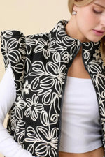 Floral Velvet Embroidered Denim Puffer Vest - IVORYNN