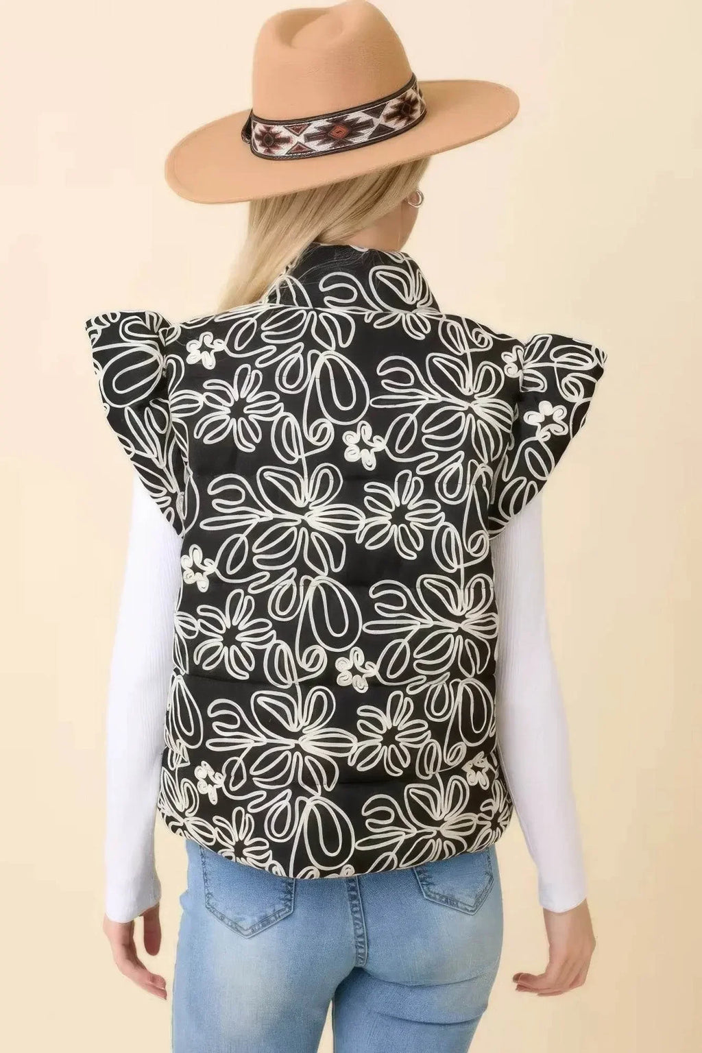 Floral Velvet Embroidered Denim Puffer Vest - IVORYNN