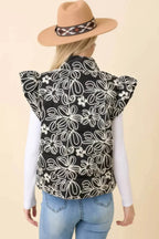 Floral Velvet Embroidered Denim Puffer Vest - IVORYNN