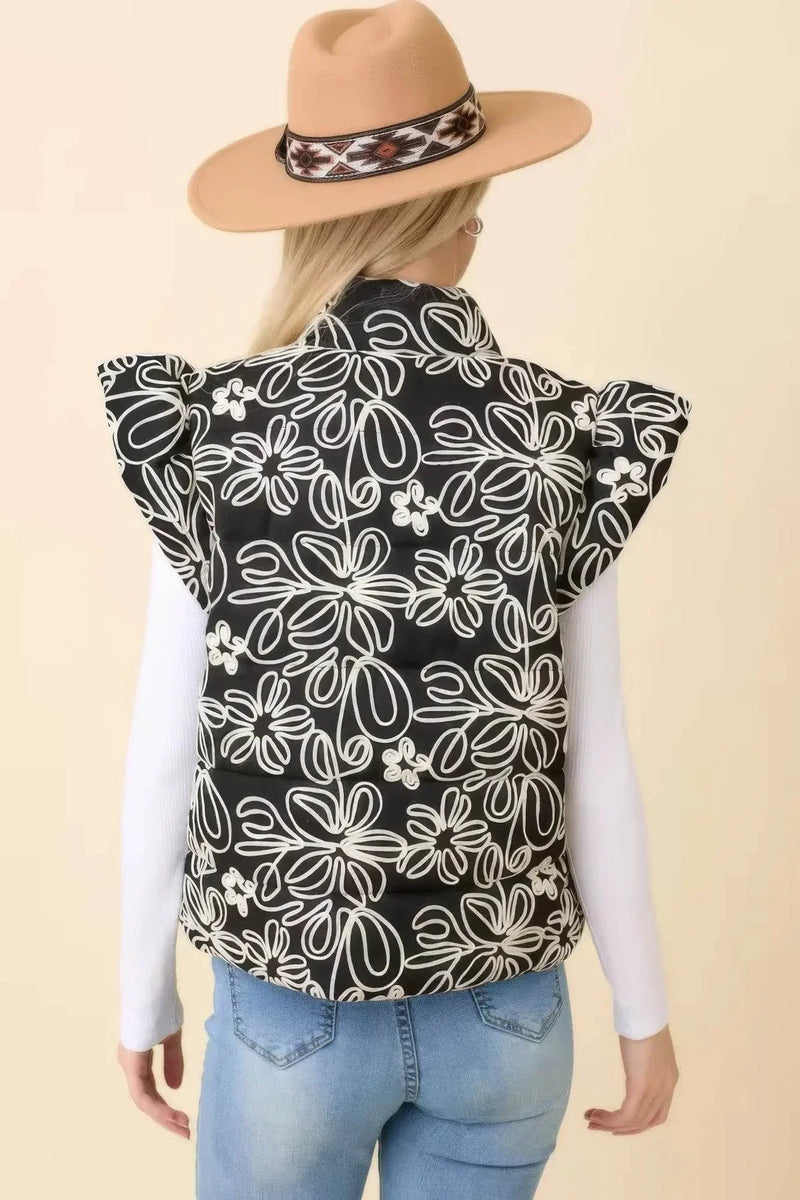 Floral Velvet Embroidered Denim Puffer Vest - IVORYNN