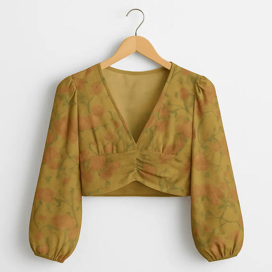 Floral Vintage Deep V-Neck Lantern Sleeve Cumin Crop Top