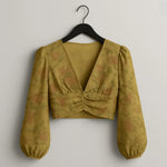 Floral Vintage Deep V-Neck Lantern Sleeve Cumin Crop Top - IVORYNN