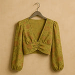 Floral Vintage Deep V-Neck Lantern Sleeve Cumin Crop Top - IVORYNN