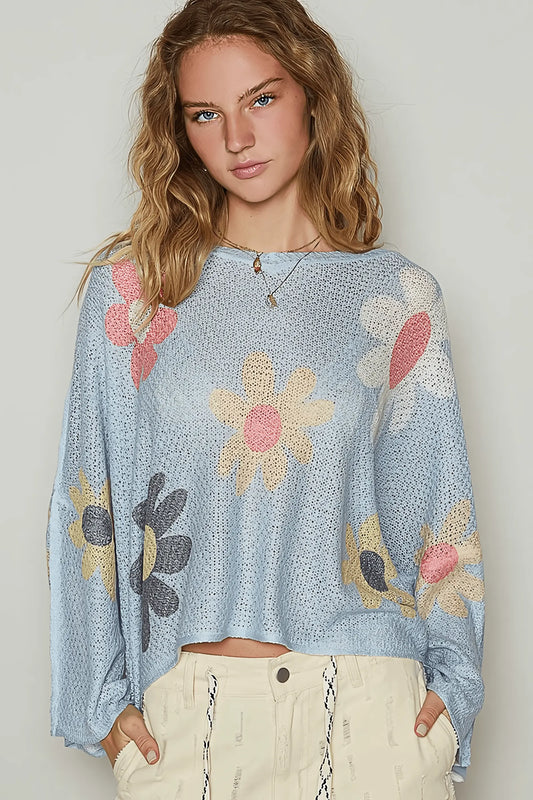 Flower Dropped Shoulder Long Sleeve Knit Sweater