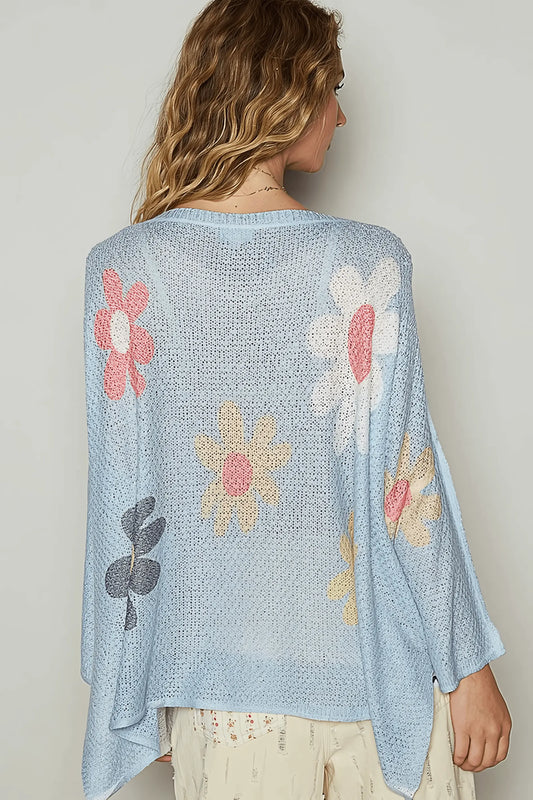 Flower Dropped Shoulder Long Sleeve Knit Sweater