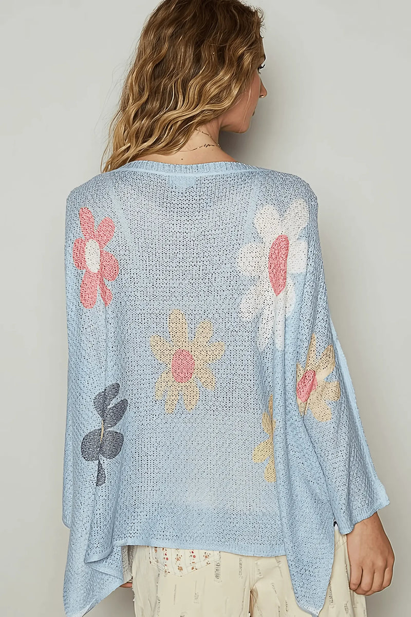 Flower Dropped Shoulder Long Sleeve Knit Sweater - IVORYNN