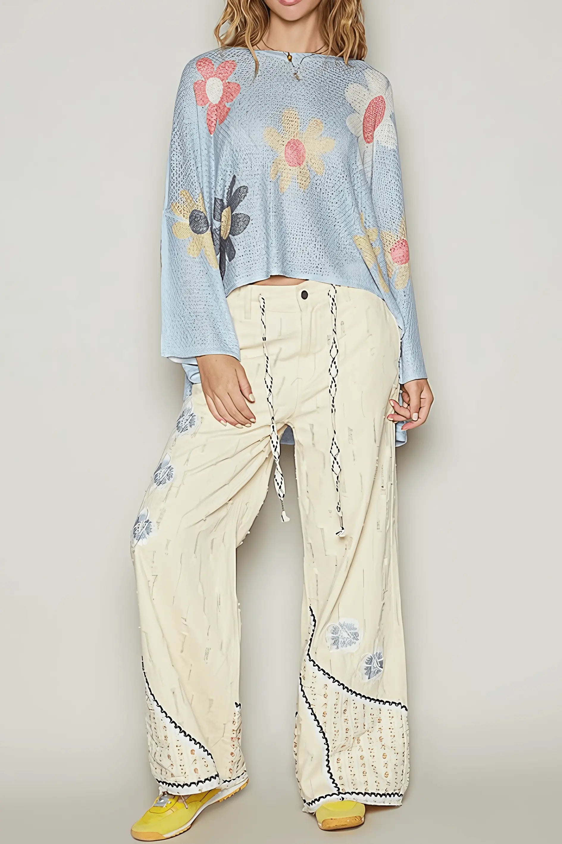 Flower Dropped Shoulder Long Sleeve Knit Sweater - IVORYNN