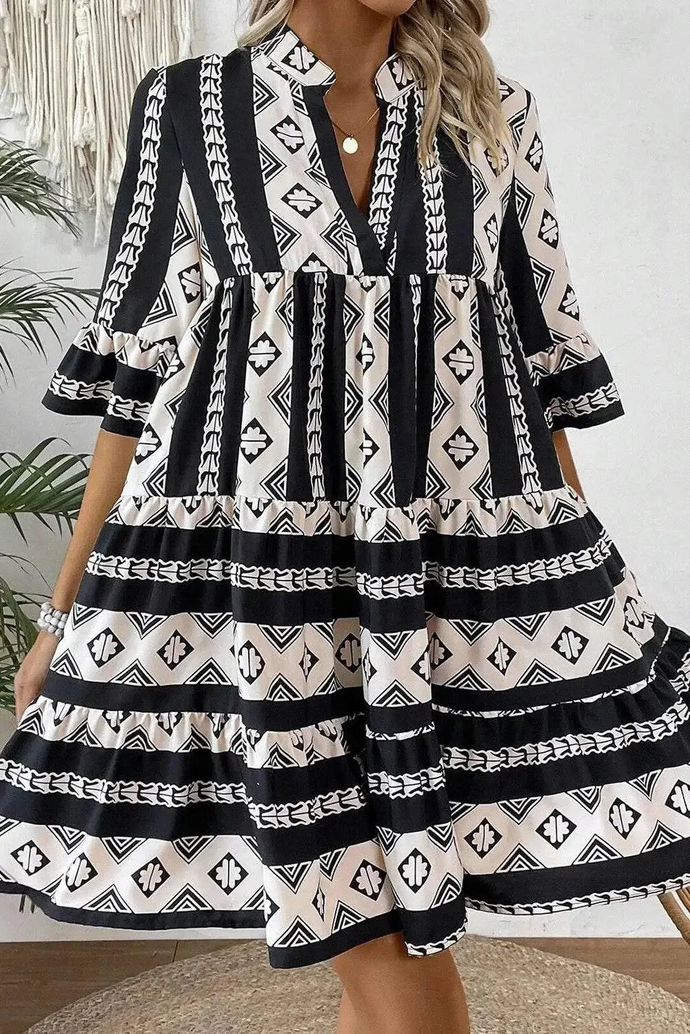 Fresh Look Tiered Notched Half Sleeve Casual Dress - IVORYNN