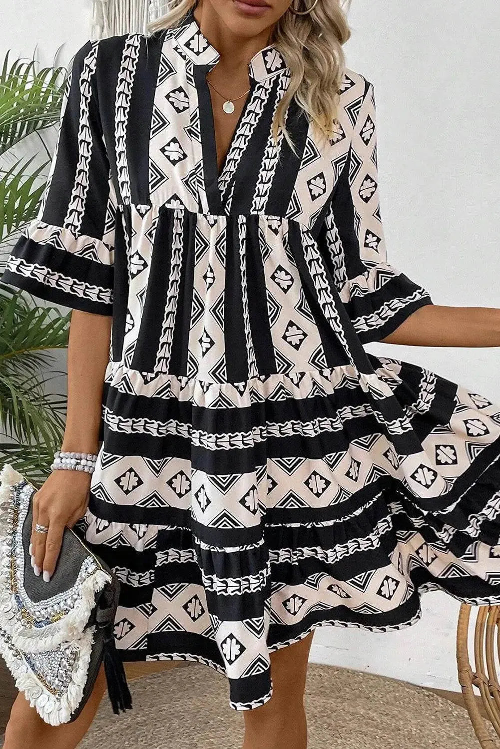 Fresh Look Tiered Notched Half Sleeve Casual Dress - IVORYNN
