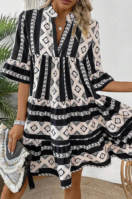 Fresh Look Tiered Notched Half Sleeve Casual Dress