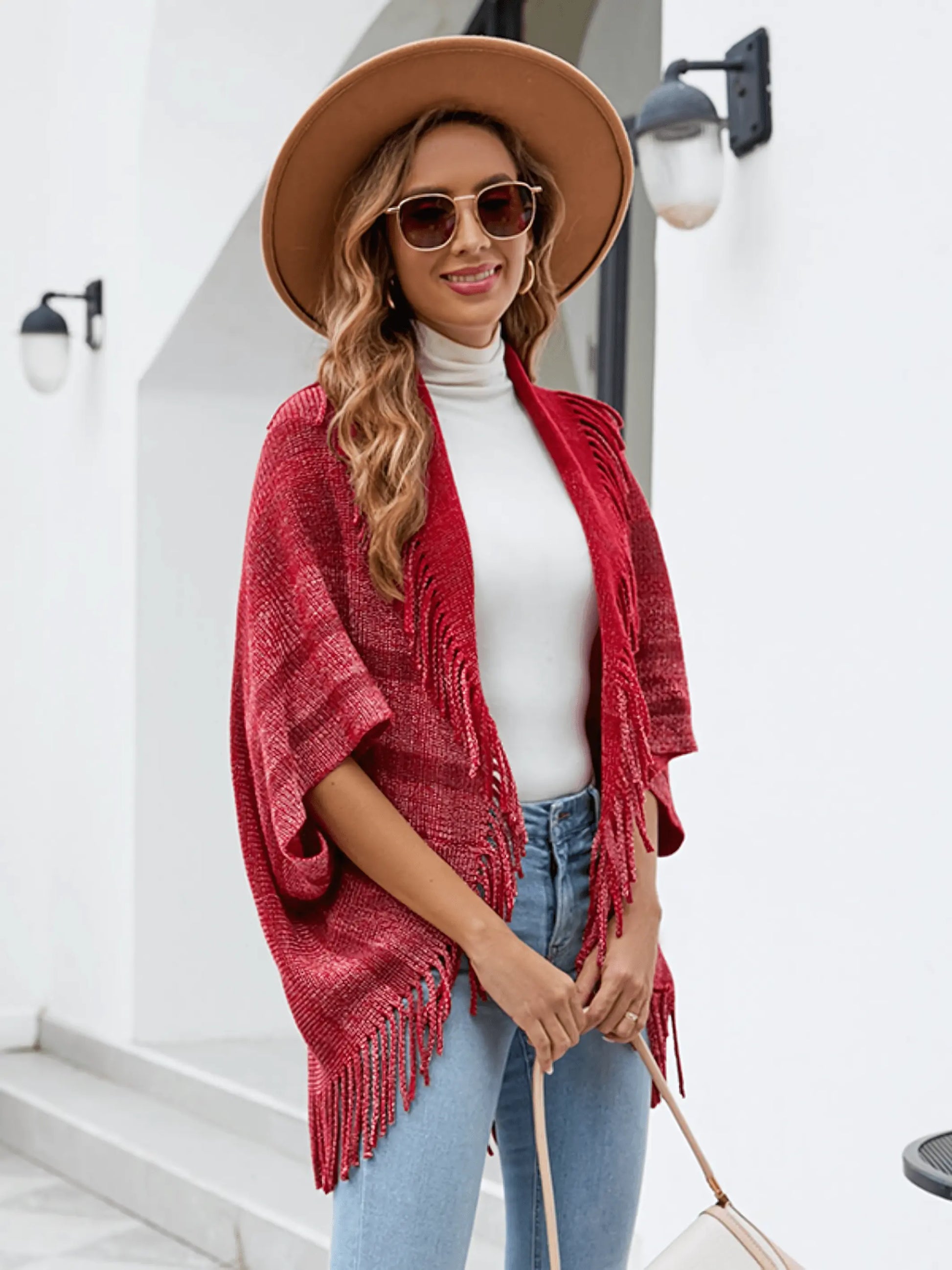 Fringe Detail Open Front Knitted Poncho - IVORYNN