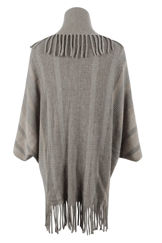Fringe Detail Open Front Knitted Poncho - IVORYNN