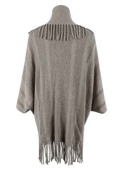 Fringe Detail Open Front Knitted Poncho - IVORYNN