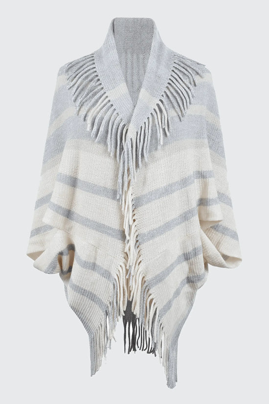 Fringe Detail Open Front Knitted Poncho - IVORYNN