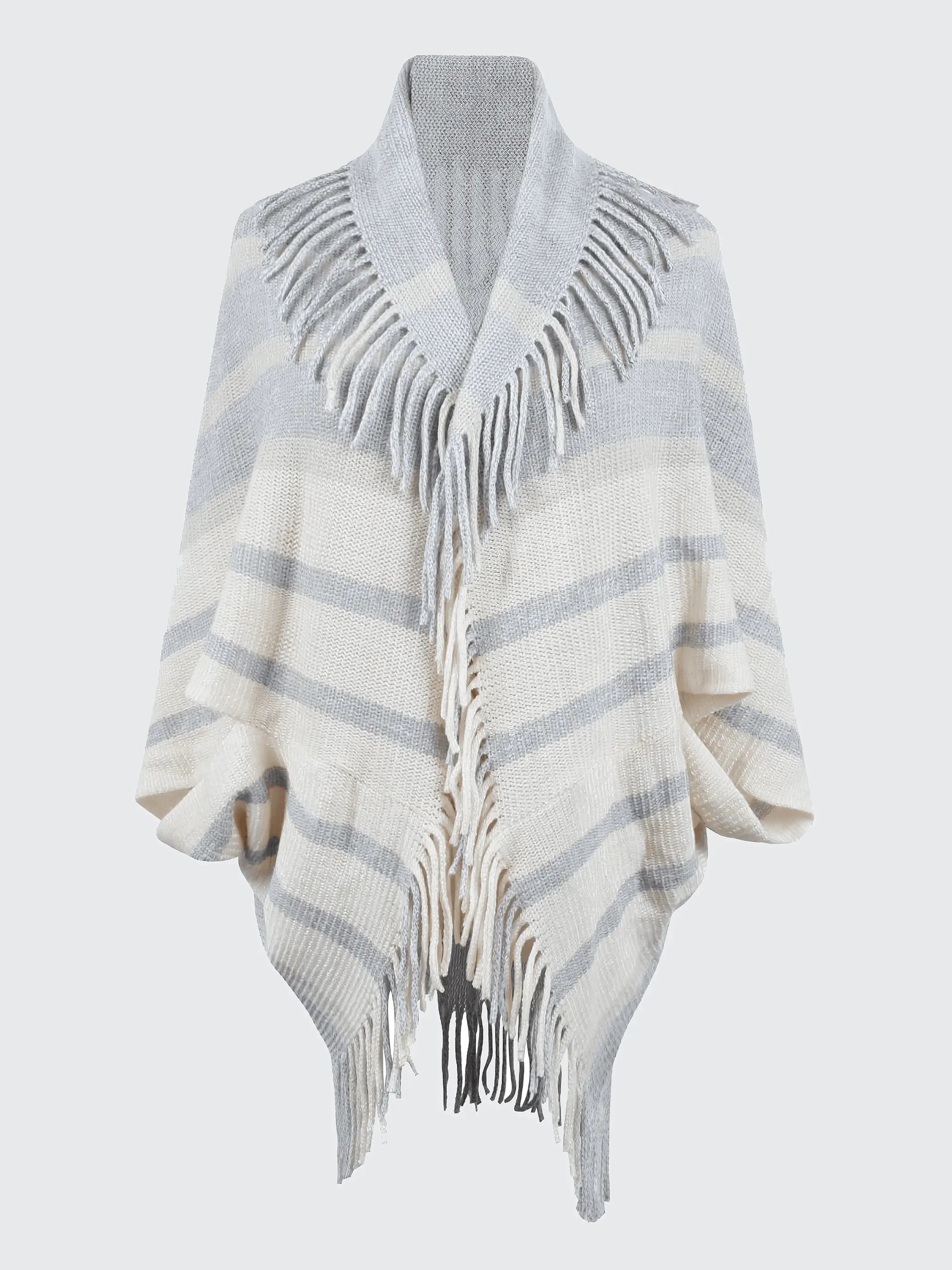 Fringe Detail Open Front Knitted Poncho - IVORYNN