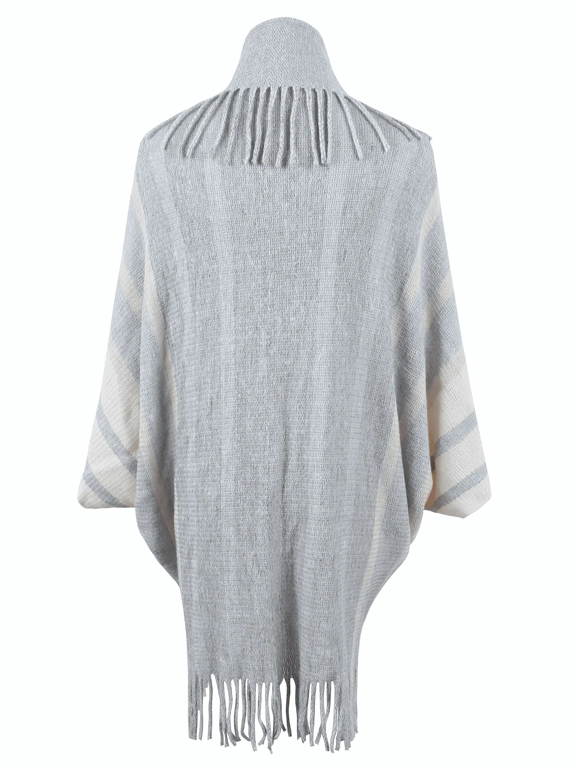 Fringe Detail Open Front Knitted Poncho - IVORYNN