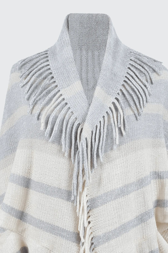 Fringe Detail Open Front Knitted Poncho - IVORYNN