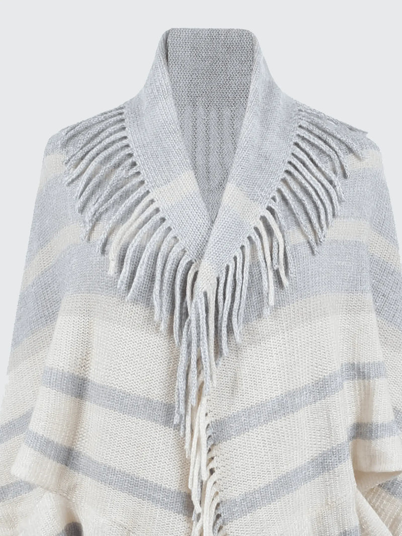 Fringe Detail Open Front Knitted Poncho - IVORYNN