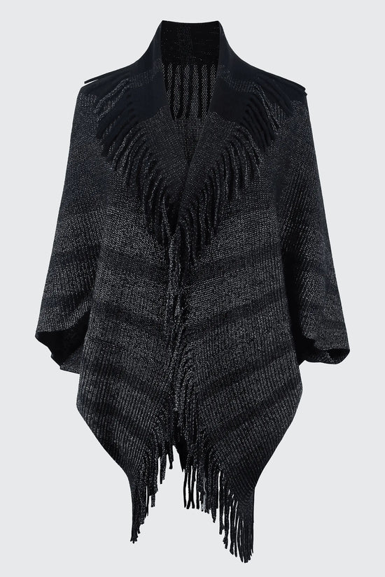 Fringe Detail Open Front Knitted Poncho - IVORYNN