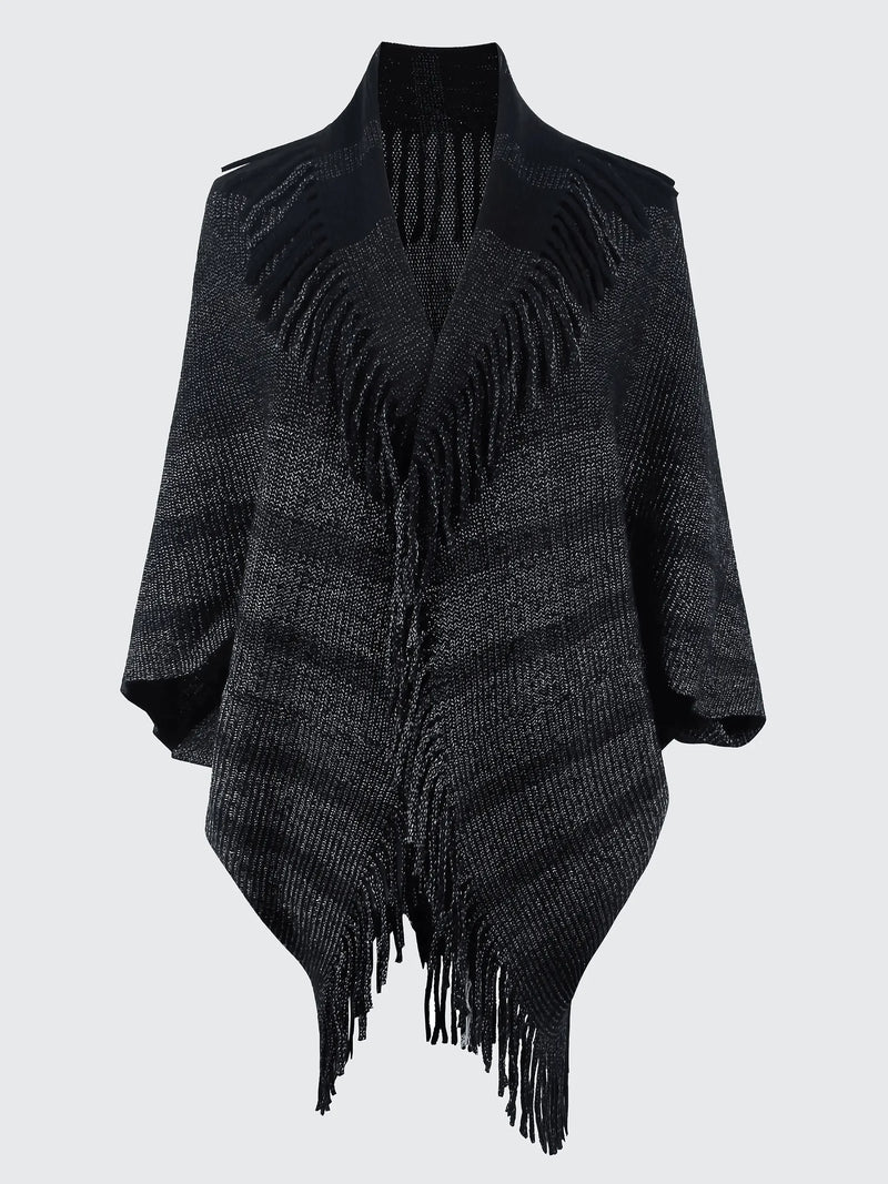 Fringe Detail Open Front Knitted Poncho - IVORYNN