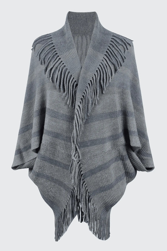 Fringe Detail Open Front Knitted Poncho - IVORYNN