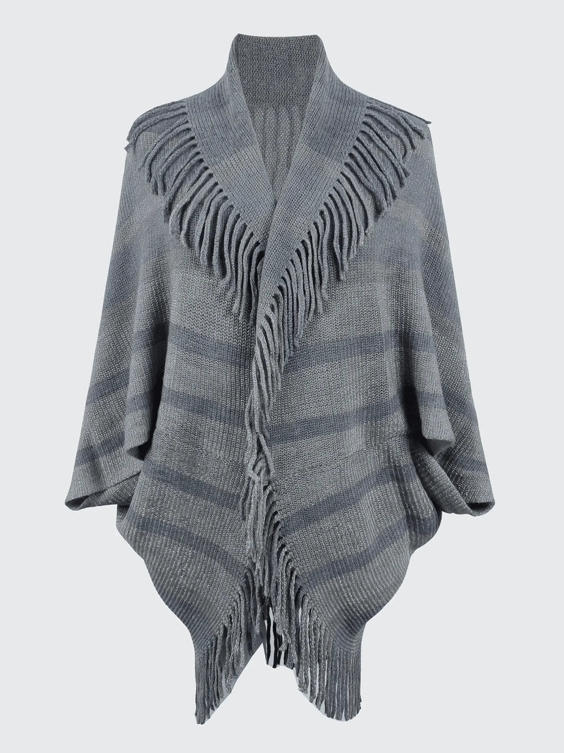 Fringe Detail Open Front Knitted Poncho - IVORYNN