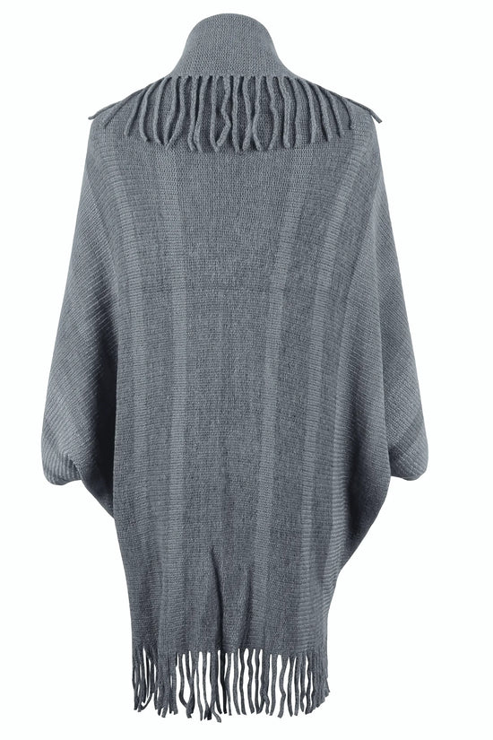 Fringe Detail Open Front Knitted Poncho - IVORYNN