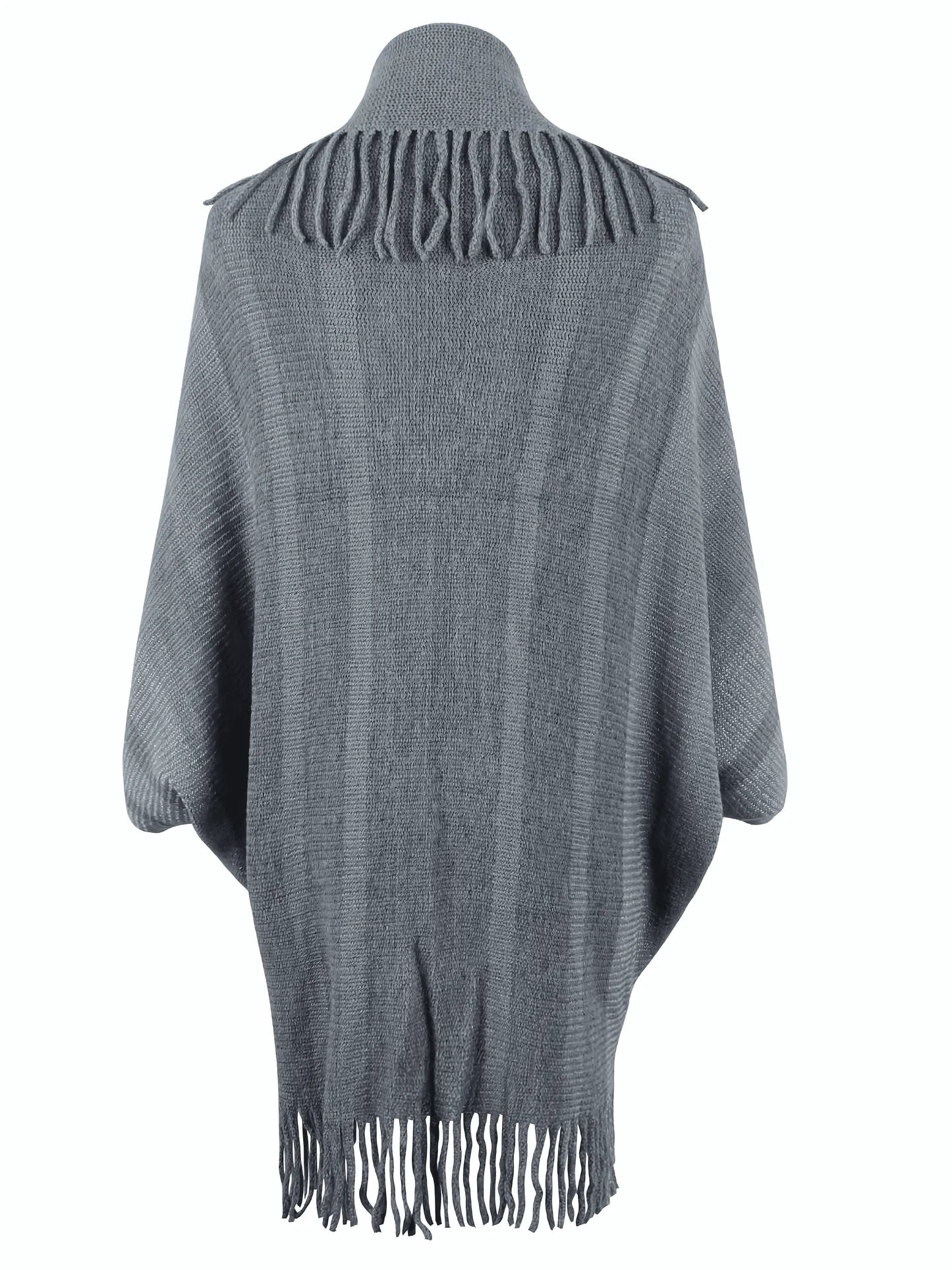 Fringe Detail Open Front Knitted Poncho - IVORYNN
