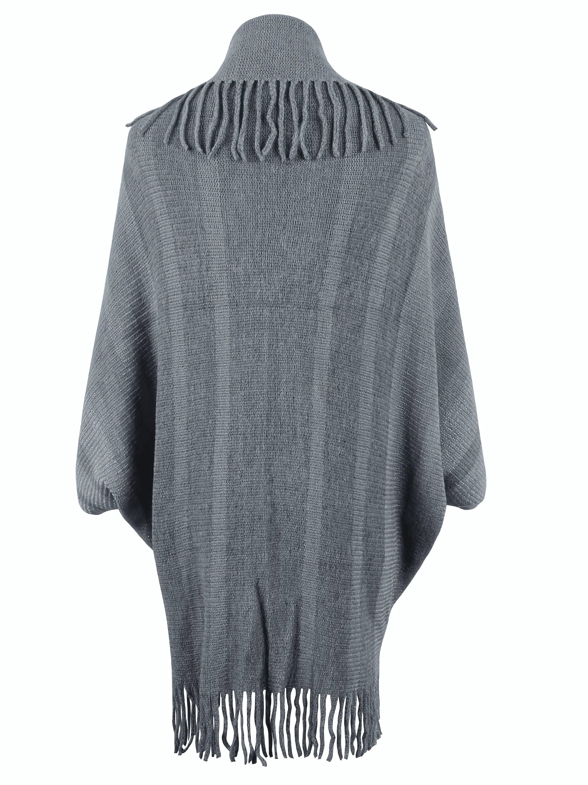 Fringe Detail Open Front Knitted Poncho - IVORYNN