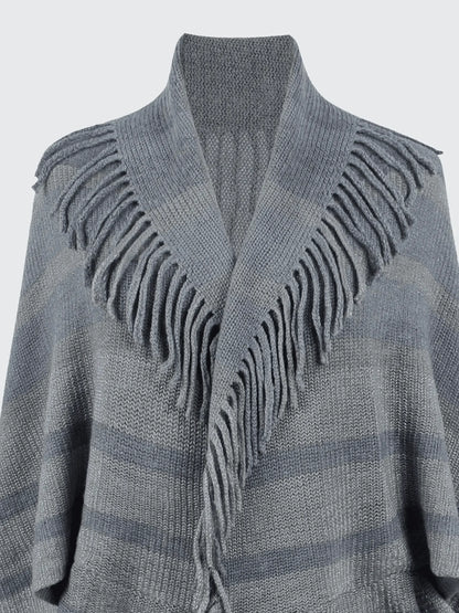 Fringe Detail Open Front Knitted Poncho - IVORYNN