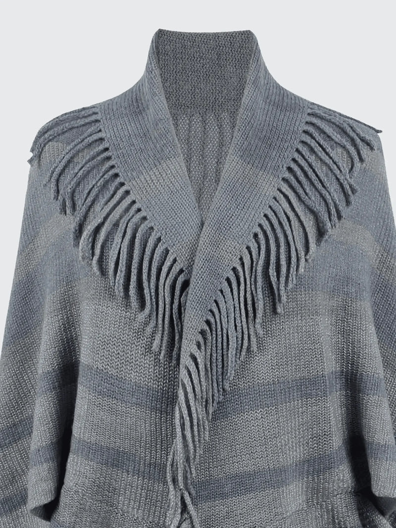Fringe Detail Open Front Knitted Poncho - IVORYNN