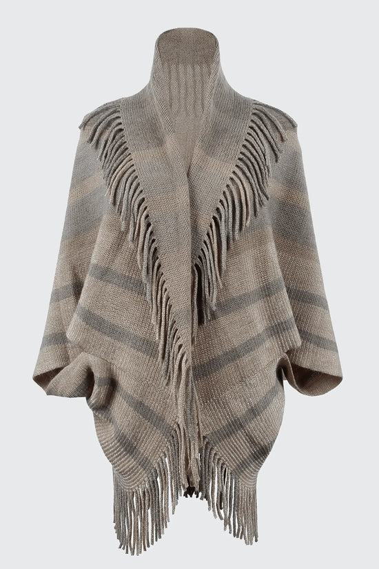 Fringe Detail Open Front Knitted Poncho - IVORYNN
