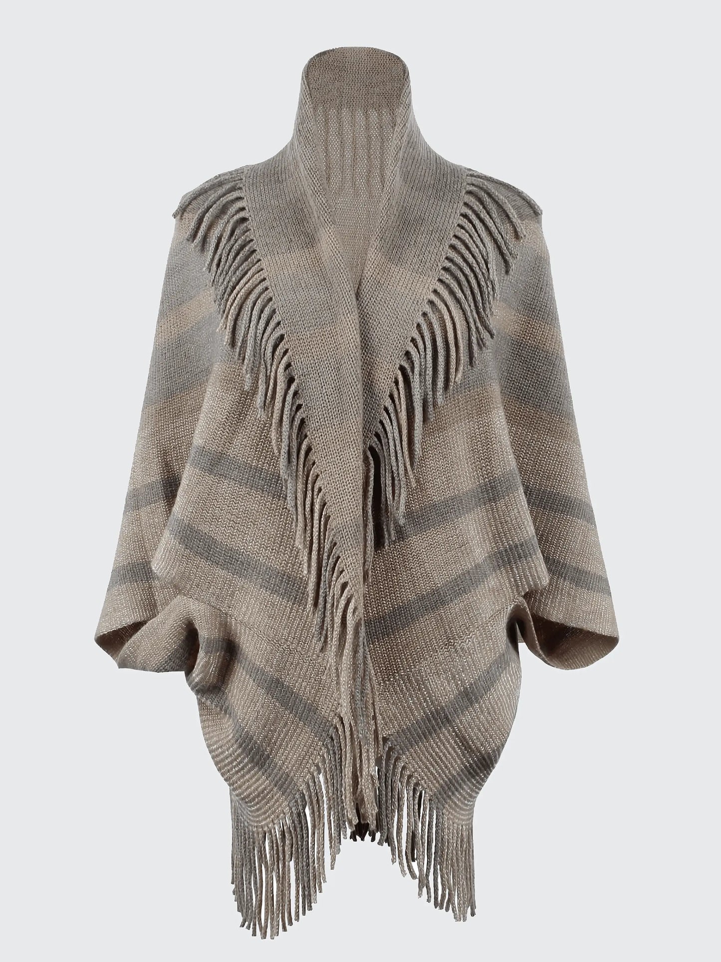 Fringe Detail Open Front Knitted Poncho - IVORYNN