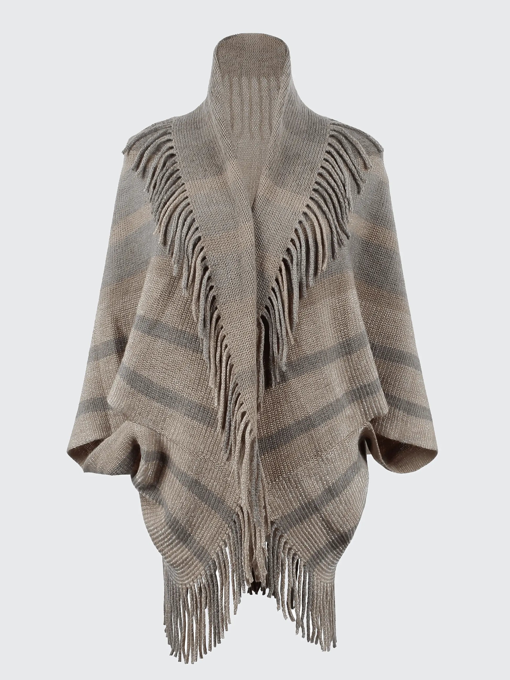 Fringe Detail Open Front Knitted Poncho - IVORYNN