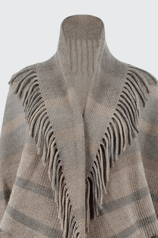 Fringe Detail Open Front Knitted Poncho - IVORYNN