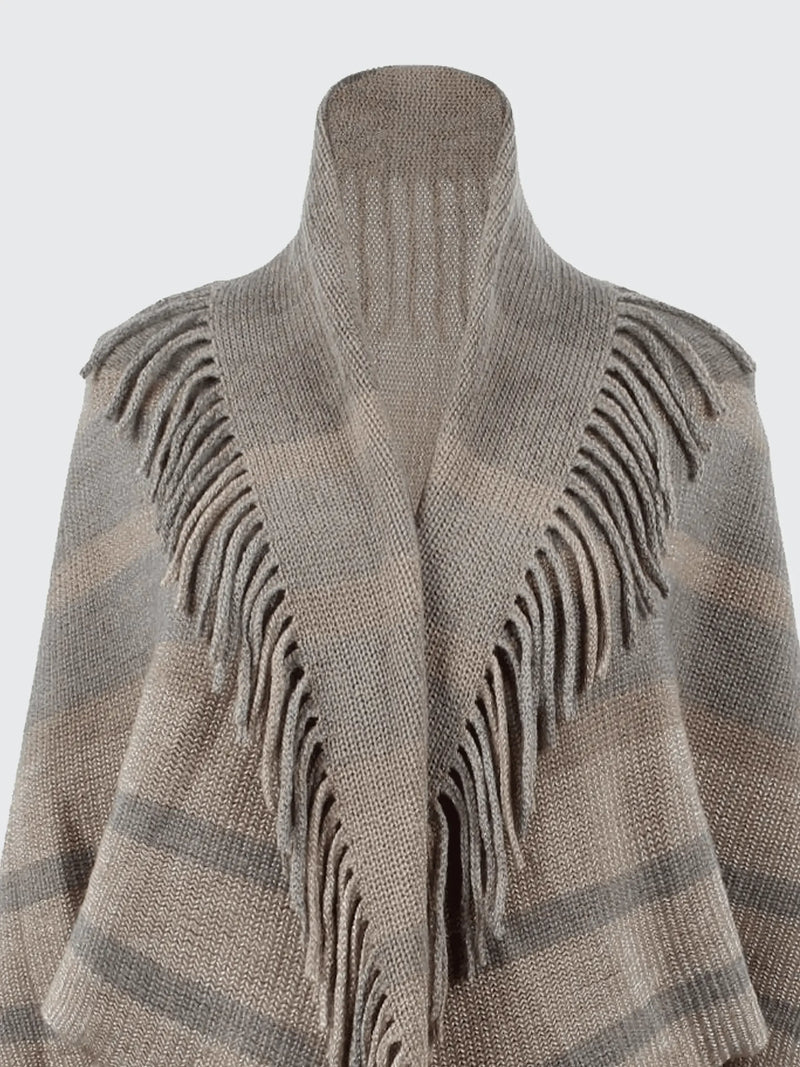 Fringe Detail Open Front Knitted Poncho - IVORYNN
