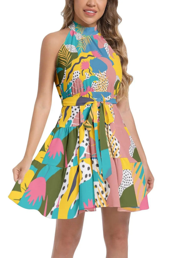 Gardenian Ruffle Hem Belted Halter Dress - IVORYNN