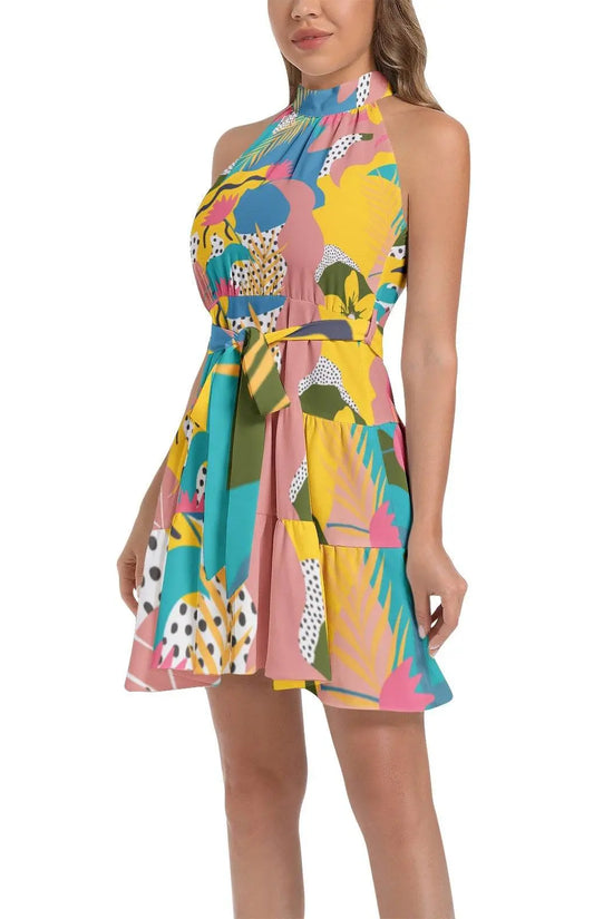 Gardenian Ruffle Hem Belted Halter Dress - IVORYNN