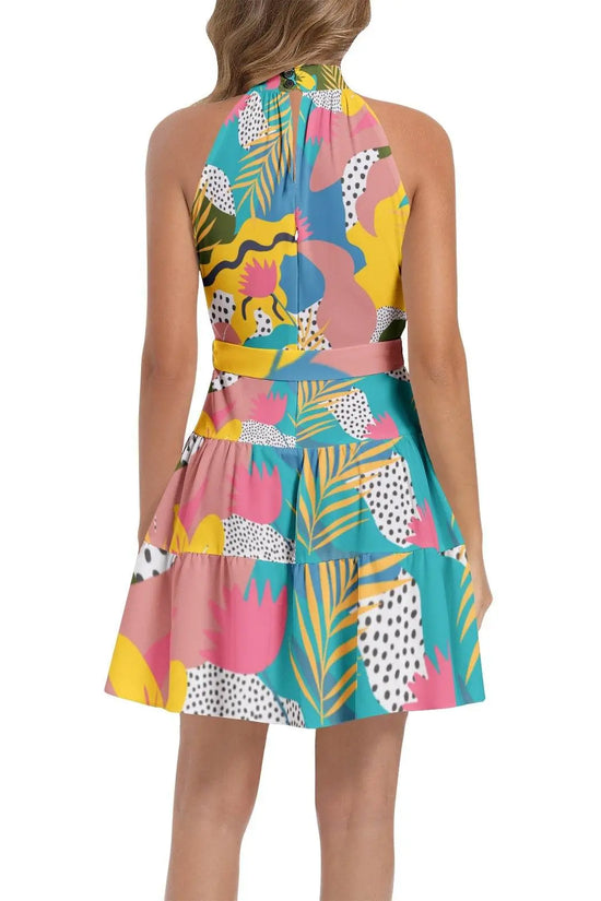 Gardenian Ruffle Hem Belted Halter Dress - IVORYNN