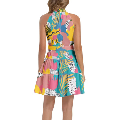 Gardenian Ruffle Hem Belted Halter Dress - IVORYNN