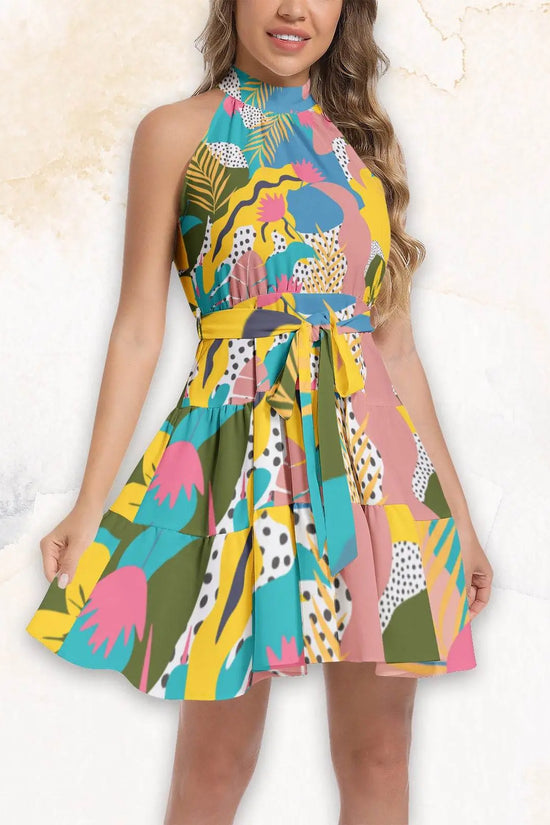 Gardenian Ruffle Hem Belted Halter Dress - IVORYNN